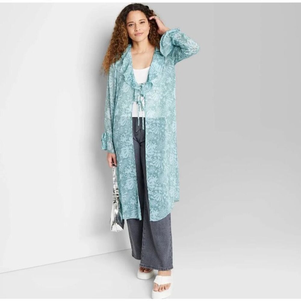 Wild Fable Women's Ruffle Duster Jacket Aqua Green Floral Size L‎